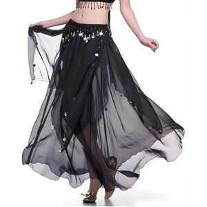 Women's Black Imported Chiffon Belly Dance Costume Indian Dance Skirt with Coins